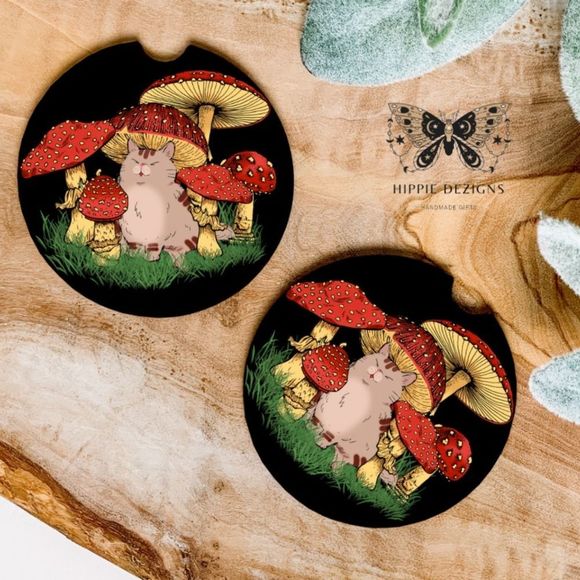Cat & Mushroom Car Coaster Set | Car Accessories - Picture 1 of 5